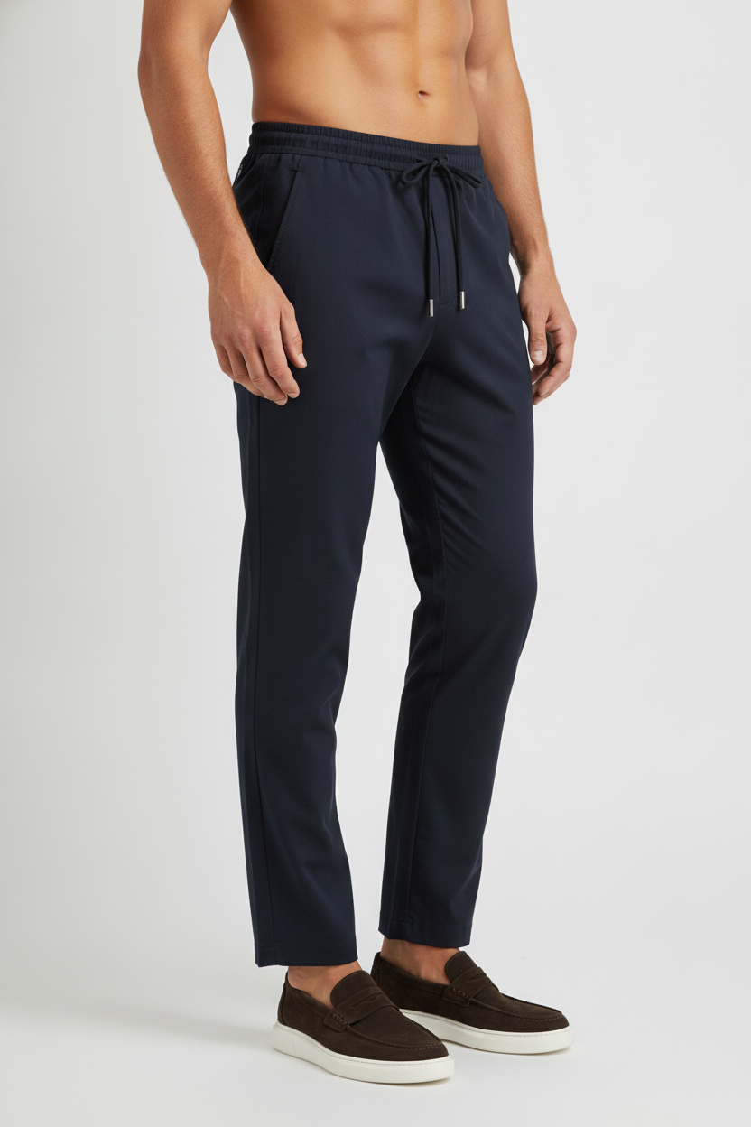 Chino Broek Mid Navy "Oliver" - Flexx, model driekwart aanzicht De Heerenkamer Utrecht