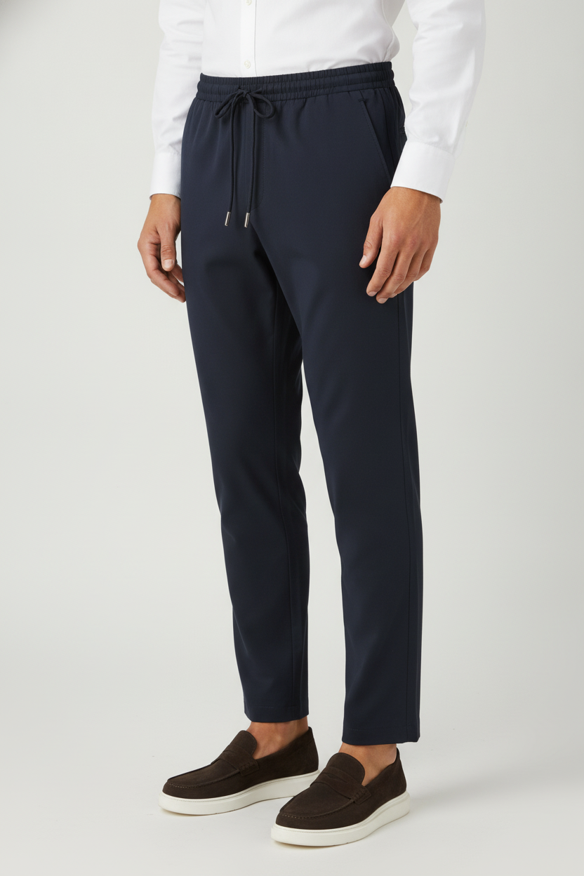 Chino Broek Mid Navy "Oliver" - Flexx, model driekwart aanzicht De Heerenkamer Utrecht