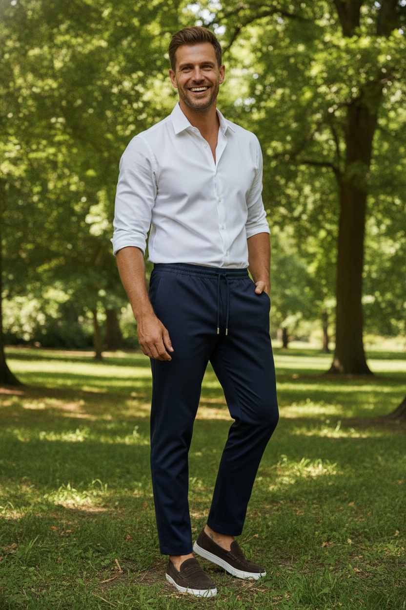 Chino Broek Mid Navy "Oliver" - Flexx, model buiten in de natuur De Heerenkamer Utrecht