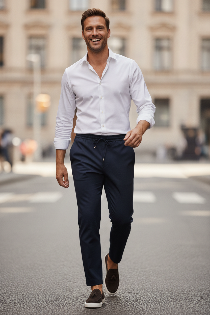 Chino Broek Mid Navy "Oliver" - Flexx, model op straat De Heerenkamer Utrecht