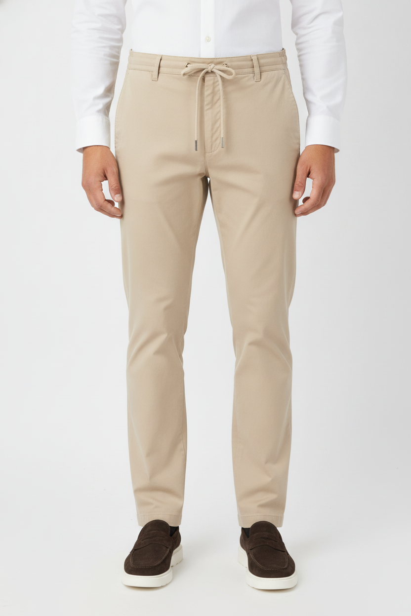 Chino Broek Light Sand "Carson" "Irma" - Flexx, model vooraanzicht De Heerenkamer Utrecht