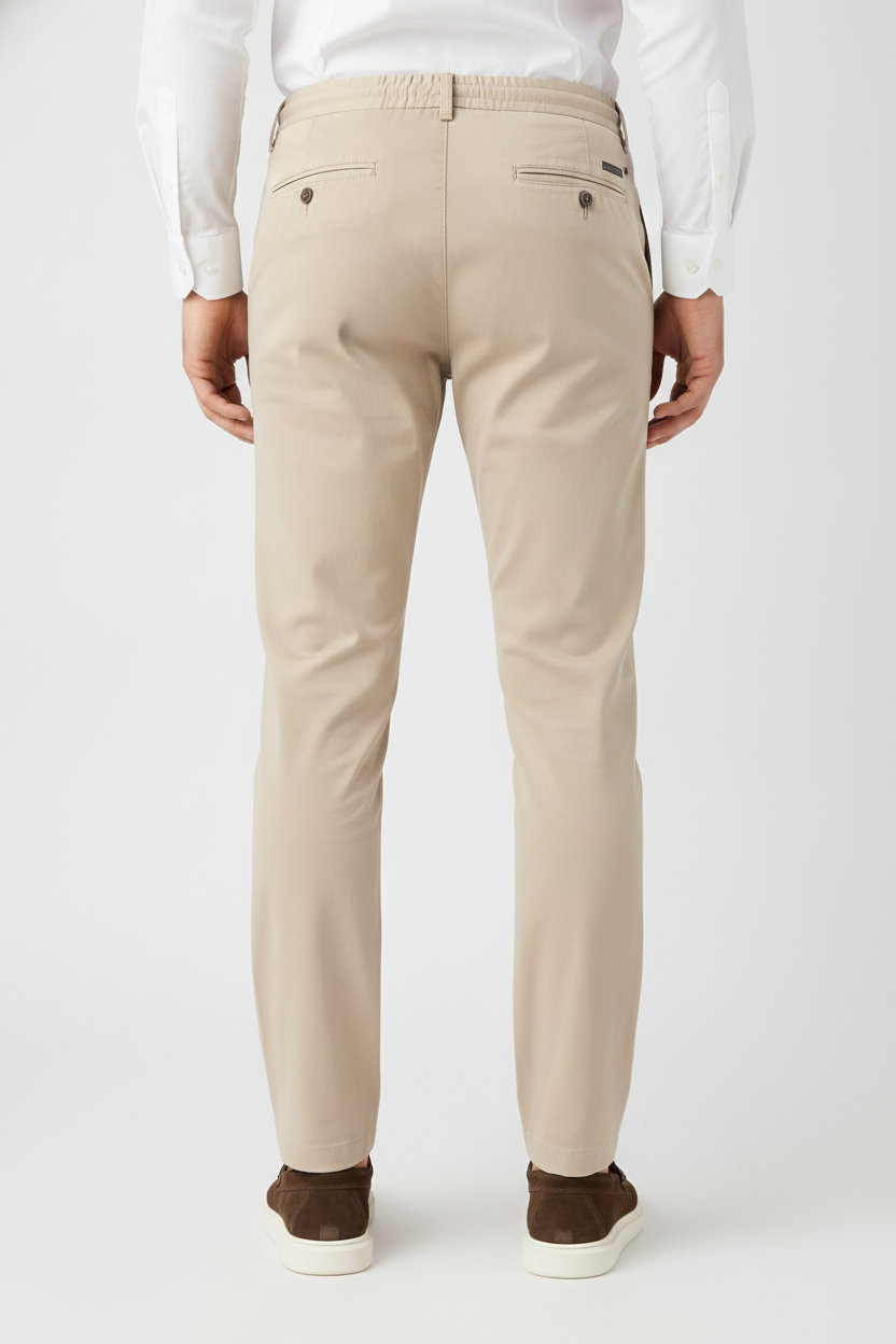 Chino Broek Light Sand "Carson" "Irma" - Flexx, model achteraanzicht De Heerenkamer Utrecht