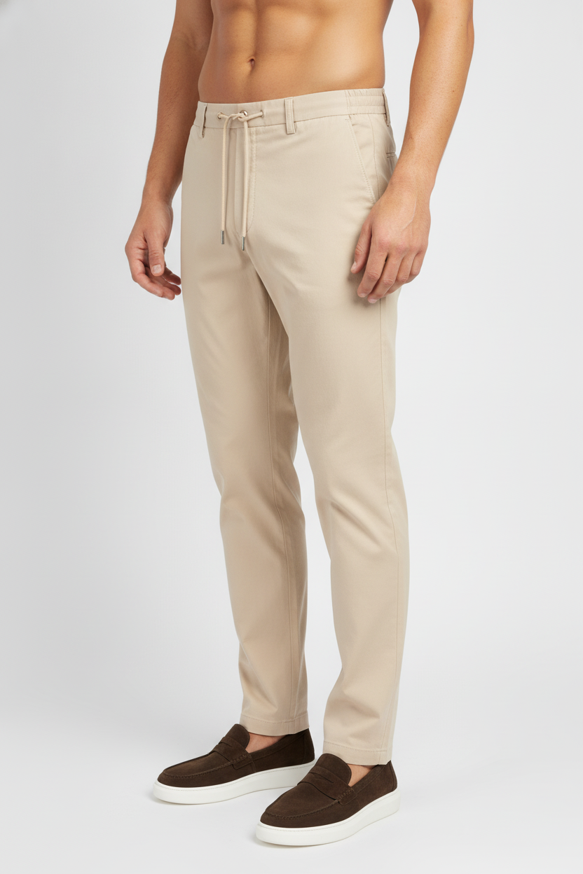 Chino Broek Light Sand "Carson" "Irma" - Flexx, model driekwart aanzicht De Heerenkamer Utrecht