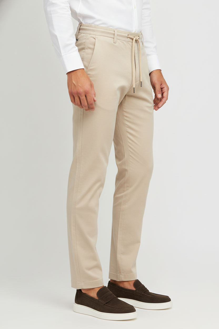 Chino Broek Light Sand "Carson" "Irma" - Flexx, model zijaanzicht De Heerenkamer Utrecht
