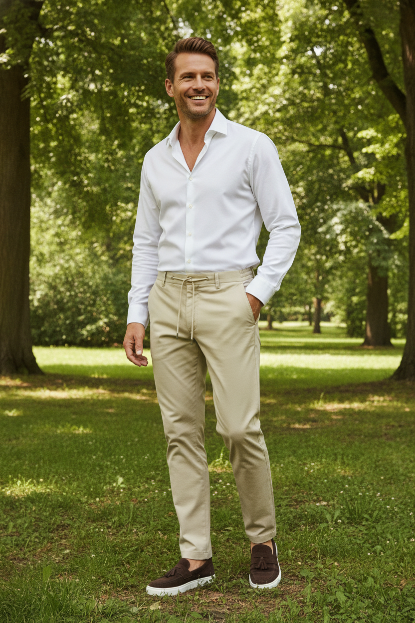 Chino Broek Light Sand "Carson" "Irma" - Flexx, model buiten in de natuur De Heerenkamer Utrecht