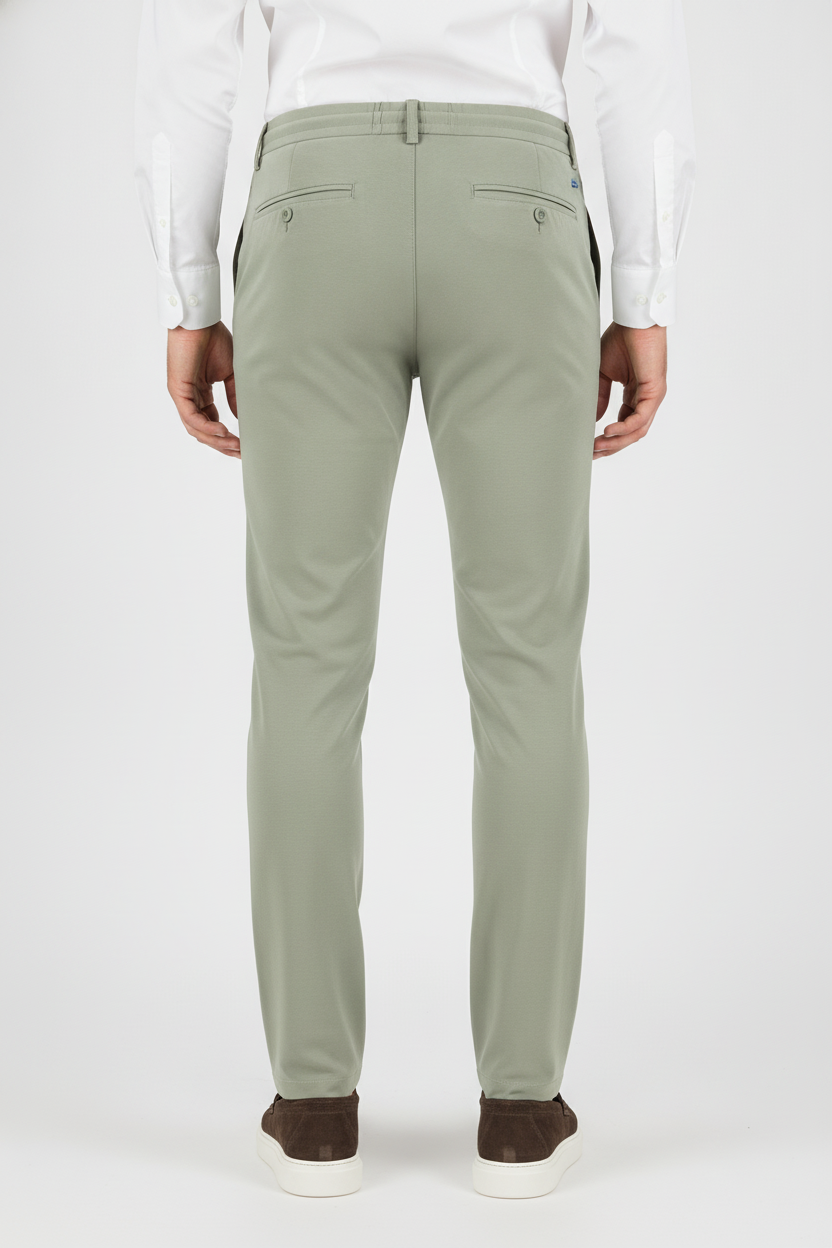 Chino Broek Olive "Carson" "Irma" - Flexx, model achteraanzicht De Heerenkamer Utrecht