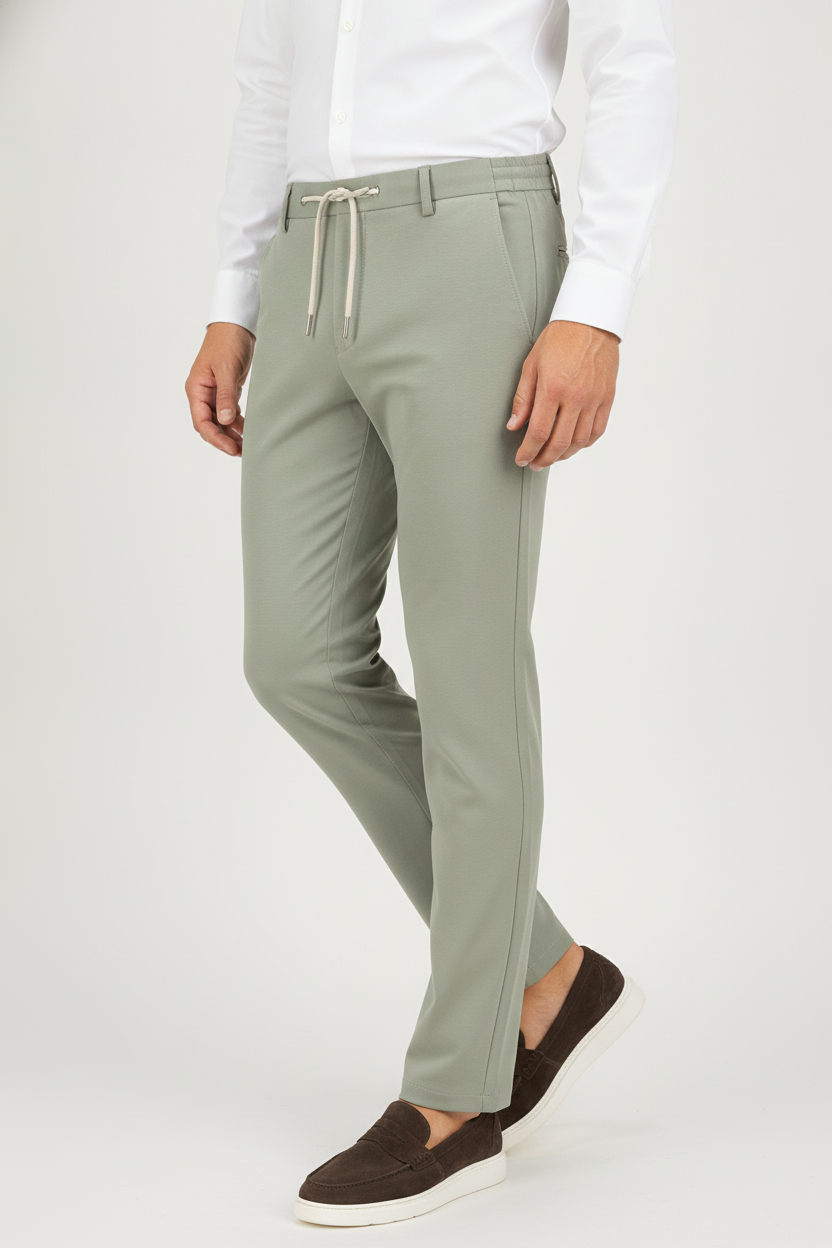 Chino Broek Olive "Carson" "Irma" - Flexx, model driekwart aanzicht De Heerenkamer Utrecht