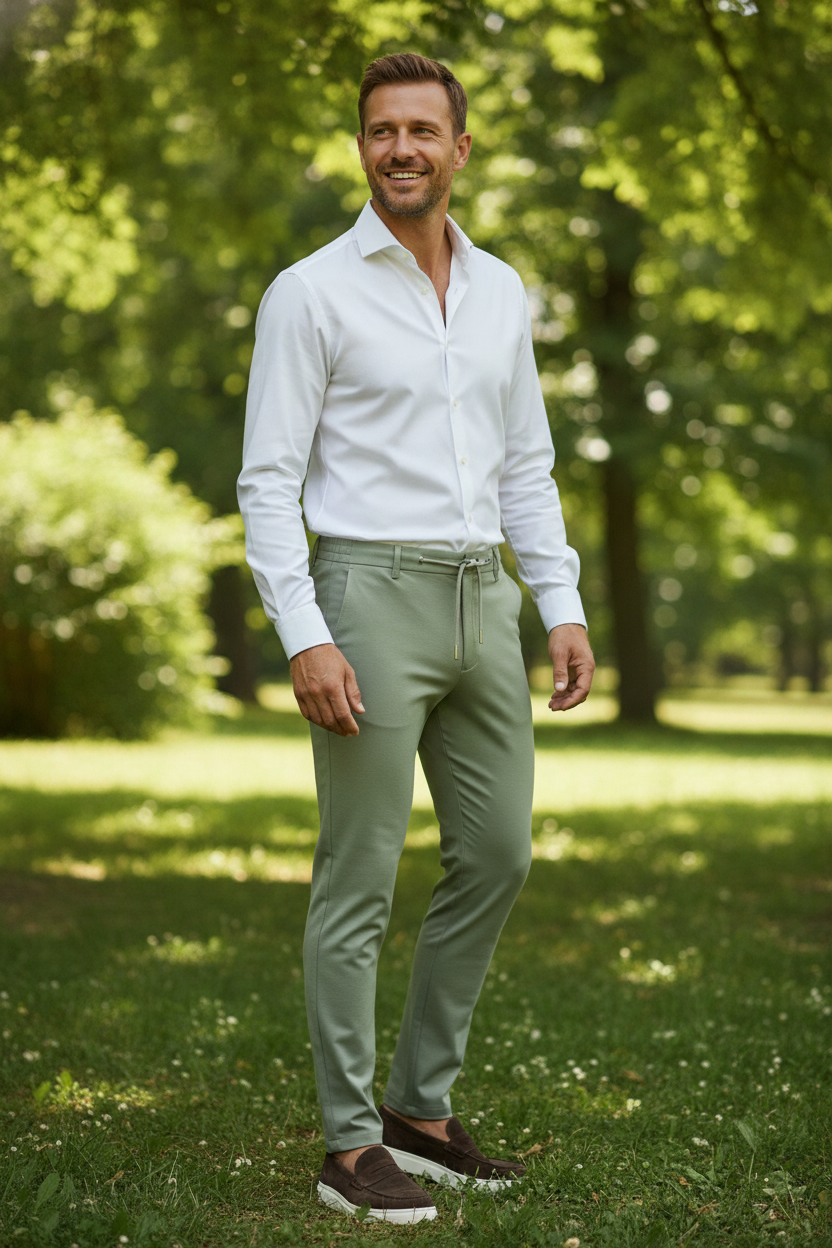 Chino Broek Olive "Carson" "Irma" - Flexx, model buiten in de natuur De Heerenkamer Utrecht