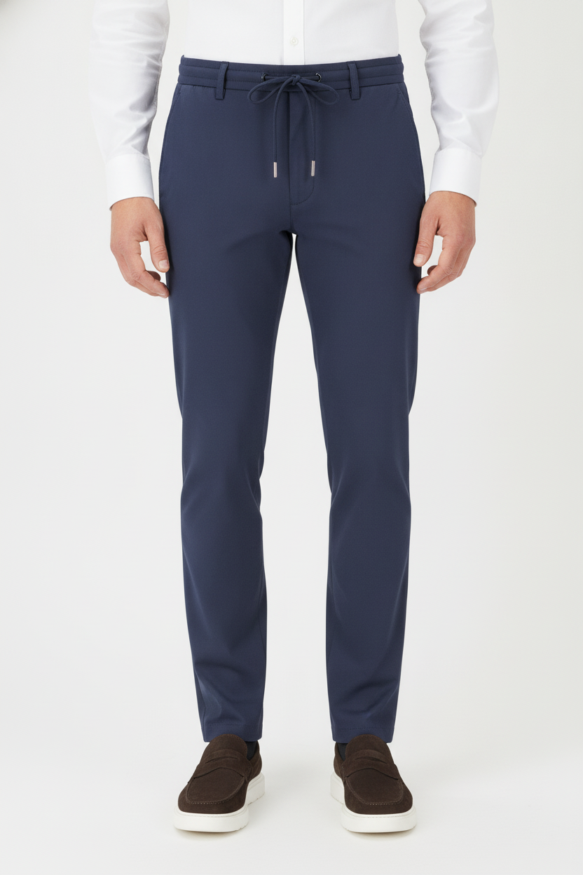 Chino Broek Navy "Carson" "Irma" - Flexx, model vooraanzicht De Heerenkamer Utrecht