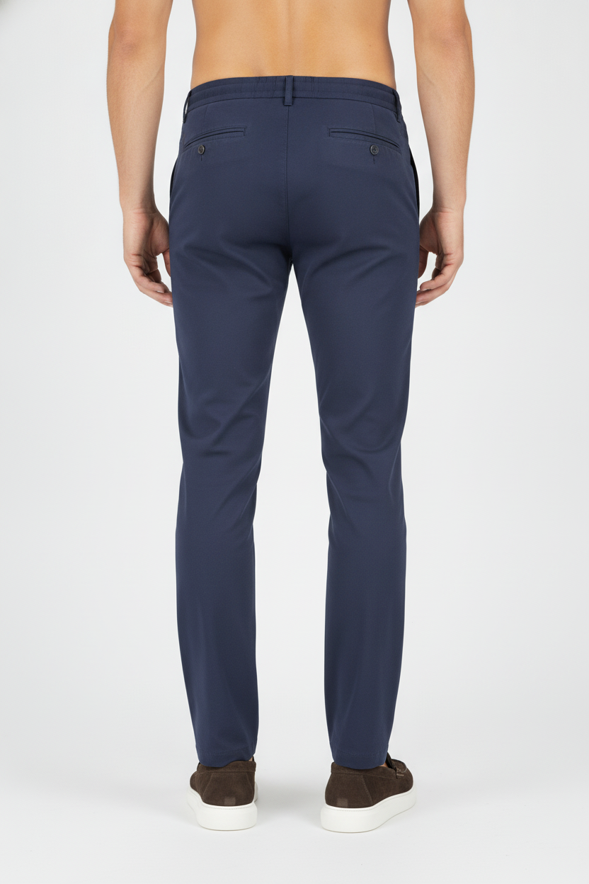 Chino Broek Navy "Carson" "Irma" - Flexx, model achteraanzicht De Heerenkamer Utrecht