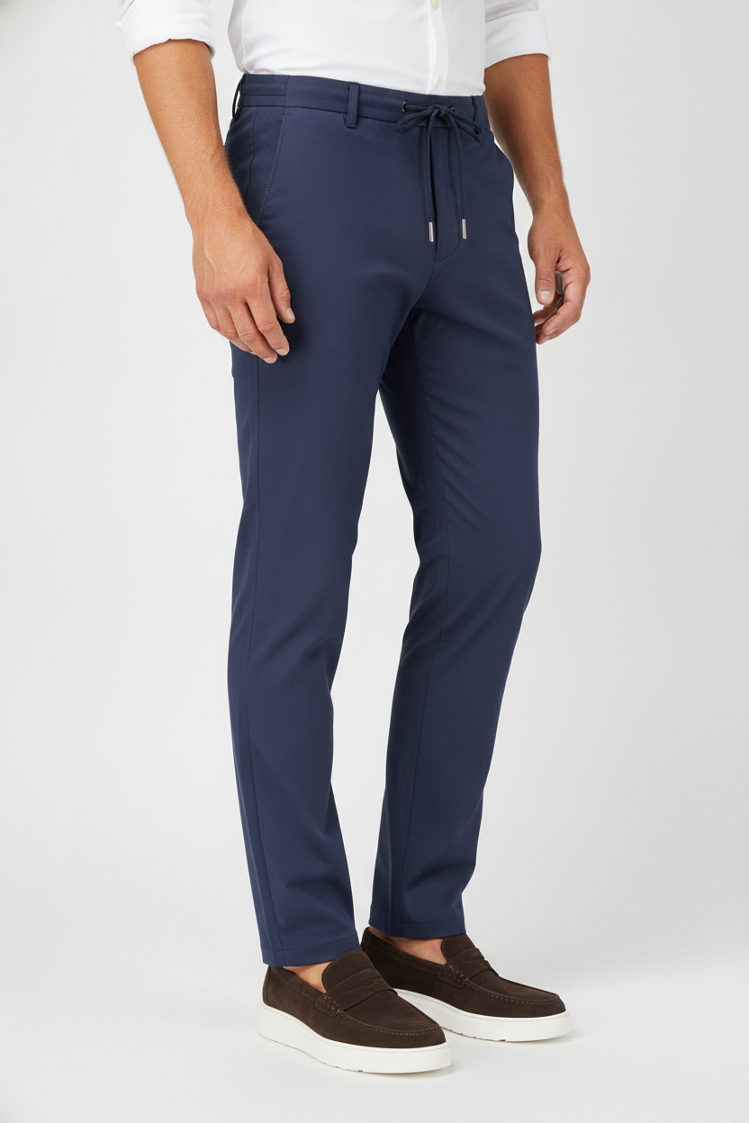 Chino Broek Navy "Carson" "Irma" - Flexx, model driekwart aanzicht De Heerenkamer Utrecht