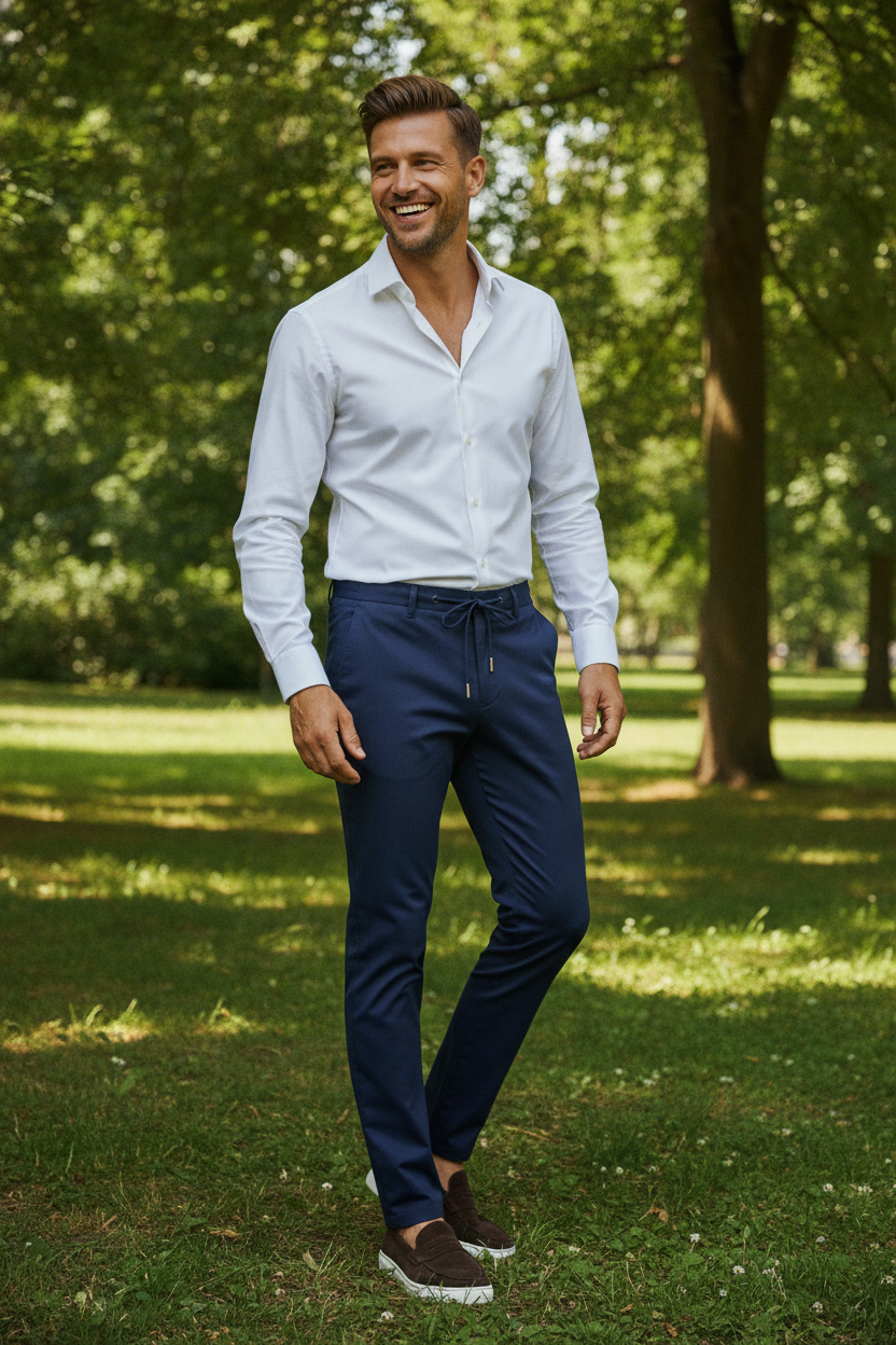 Chino Broek Navy "Carson" "Irma" - Flexx, model buiten in de natuur De Heerenkamer Utrecht