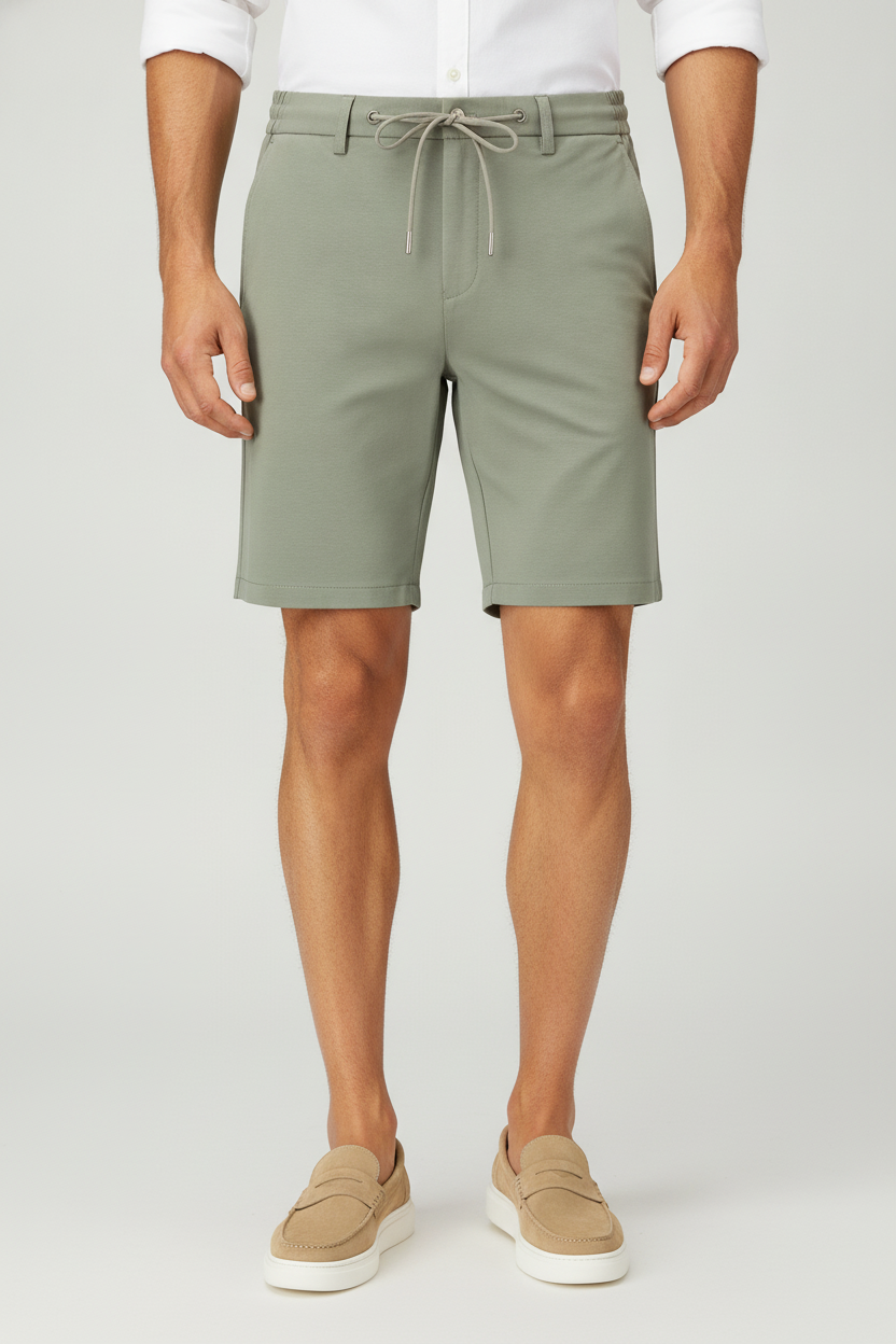 Korte Broek Light Olive Grey Jersey "Finn" - Flexx, model vooraanzicht De Heerenkamer Utrecht