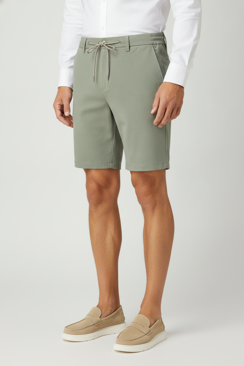 Korte Broek Light Olive Grey Jersey "Finn" - Flexx, model driekwart aanzicht De Heerenkamer Utrecht