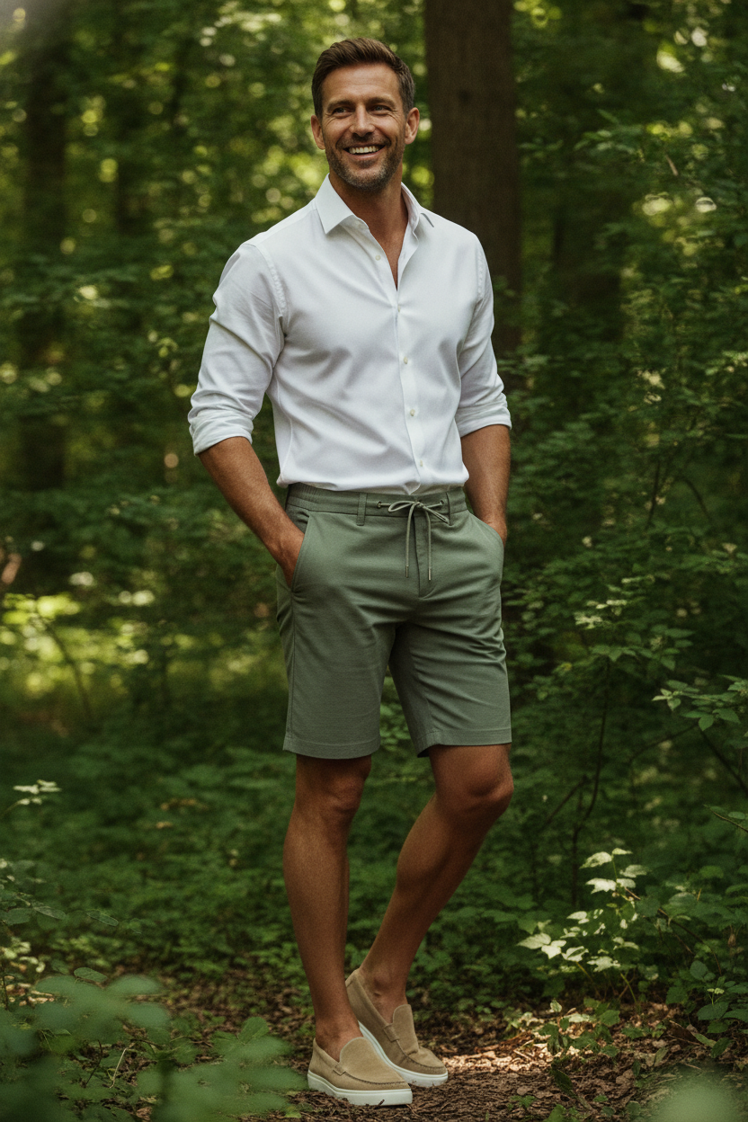 Korte Broek Light Olive Grey Jersey "Finn" - Flexx, model buiten in de natuur De Heerenkamer Utrecht