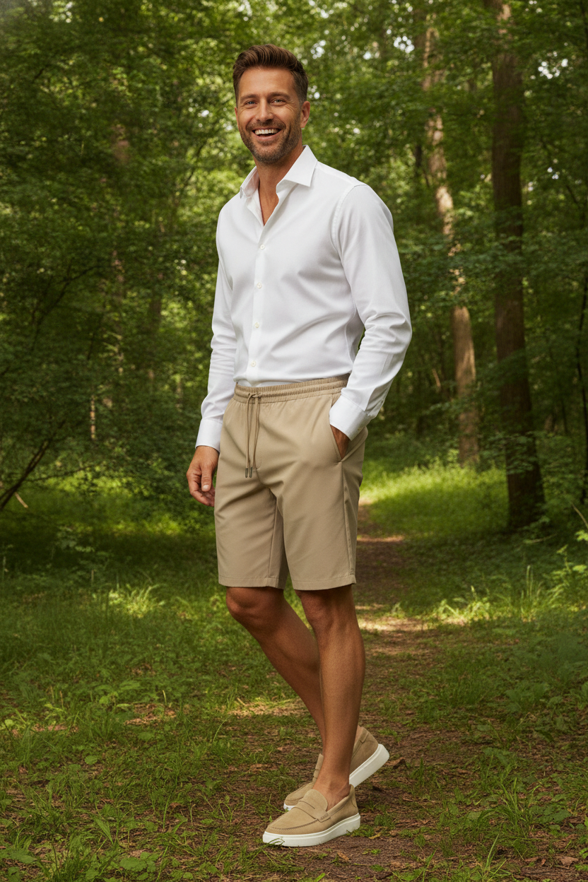 Korte Broek Sand "Theodore" - Flexx, model buiten in de natuur De Heerenkamer Utrecht