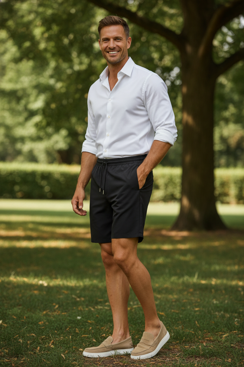 Korte Broek Black "Theodore" - Flexx, model buiten in de natuur De Heerenkamer Utrecht