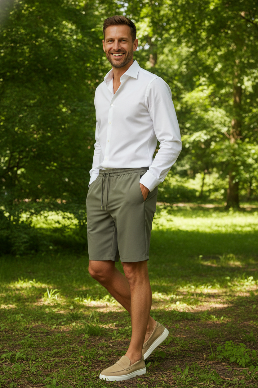 Korte Broek Light Olive "Theodore" - Flexx, model buiten in de natuur De Heerenkamer Utrecht