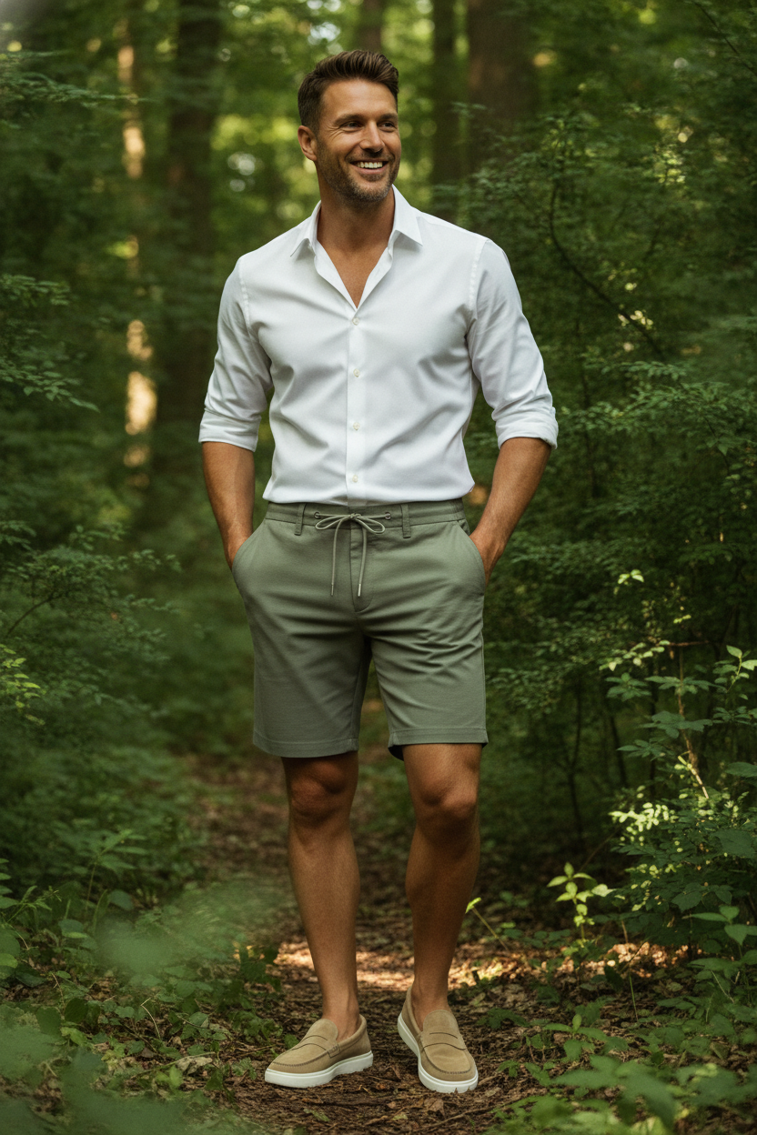 Korte Broek Olive "Finn" - Flexx, model buiten in de natuur De Heerenkamer Utrecht