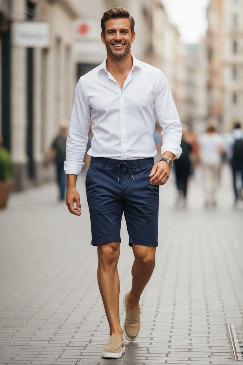 Korte Broek Navy "Finn" - Flexx, model op straat De Heerenkamer Utrecht