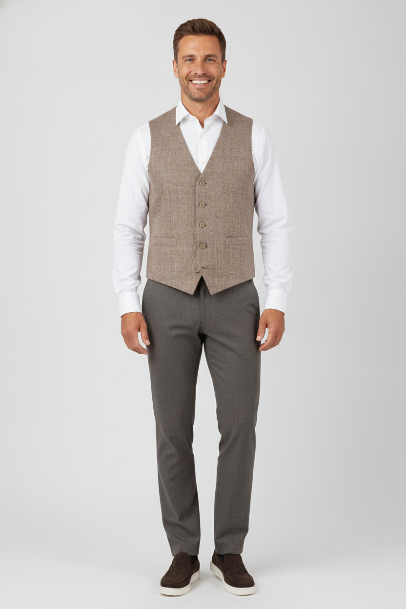 Gilet Brown Beige "Napels" - Mister Steven, model vooraanzicht De Heerenkamer Utrecht