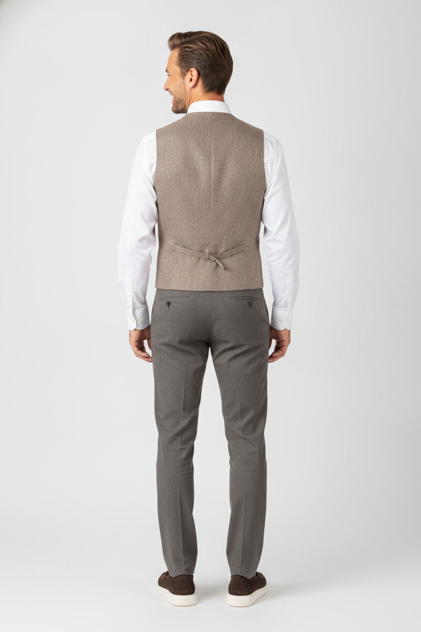 Gilet Brown Beige "Napels" - Mister Steven, model achteraanzicht De Heerenkamer Utrecht