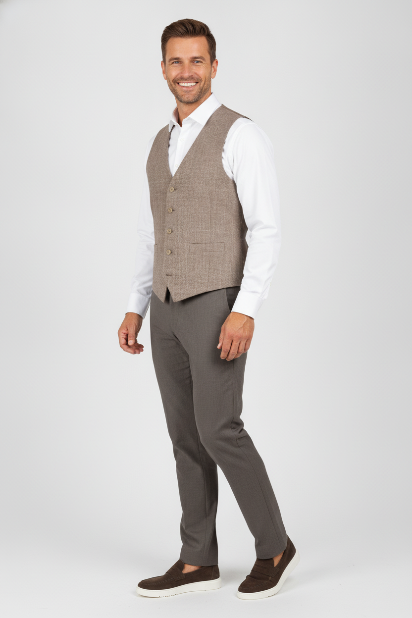 Gilet Brown Beige "Napels" - Mister Steven, model driekwart aanzicht De Heerenkamer Utrecht