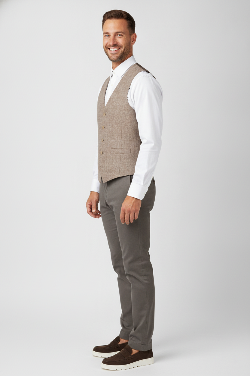 Gilet Brown Beige "Napels" - Mister Steven, model zijaanzicht De Heerenkamer Utrecht