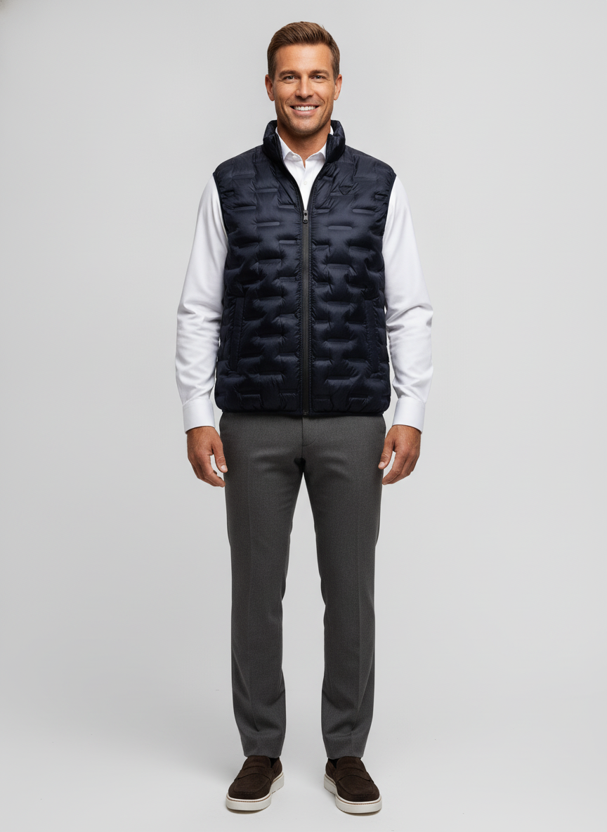 Bodywarmer Dark Navy "Folke" - Flexx, model vooraanzicht De Heerenkamer Utrecht