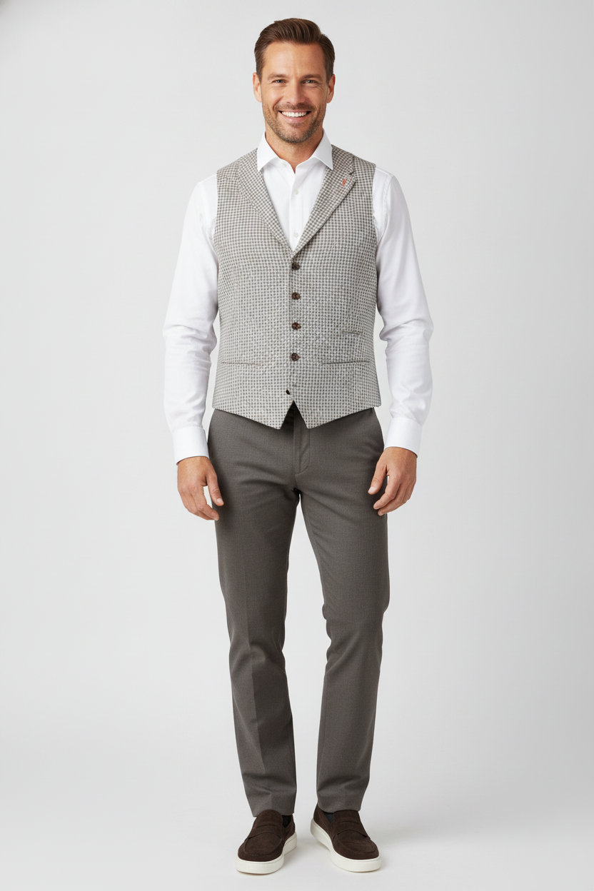 Gilet Grey Cream "Turin" - Mister Steven, model vooraanzicht De Heerenkamer Utrecht