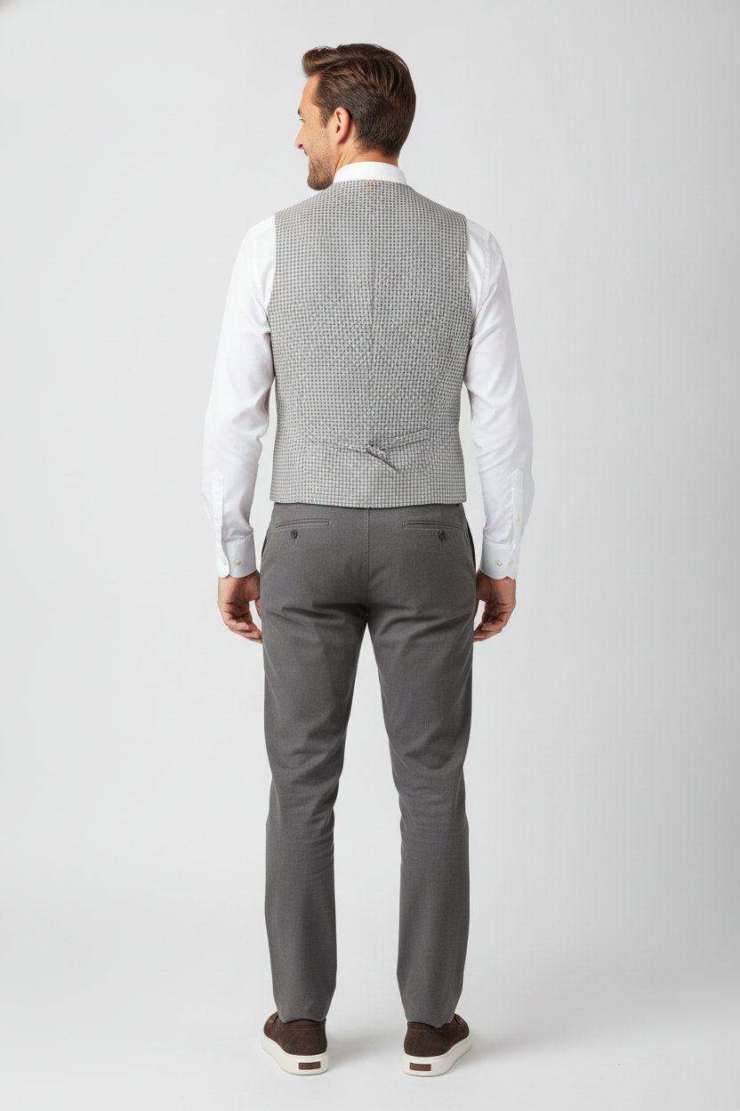 Gilet Grey Cream "Turin" - Mister Steven, model achteraanzicht De Heerenkamer Utrecht