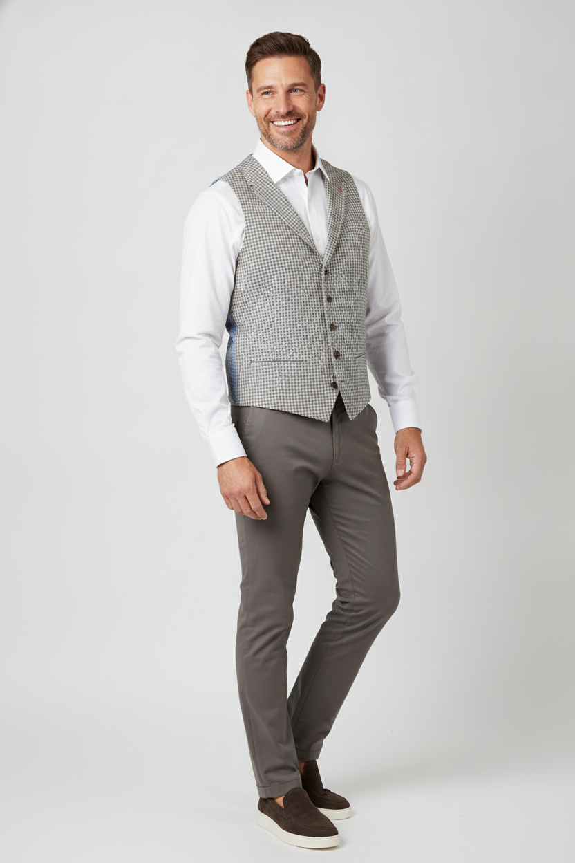 Gilet Grey Cream "Turin" - Mister Steven, model driekwart aanzicht De Heerenkamer Utrecht