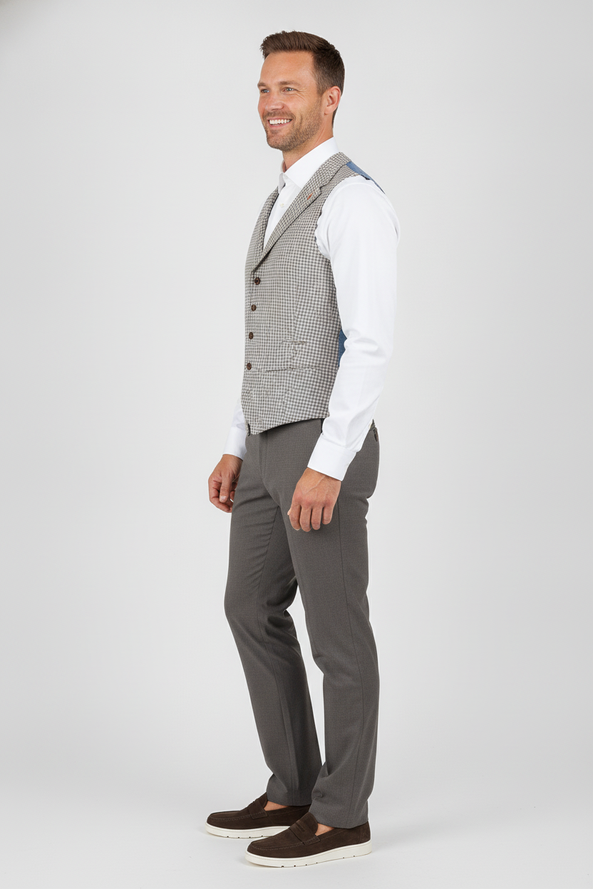Gilet Grey Cream "Turin" - Mister Steven, model zijaanzicht De Heerenkamer Utrecht