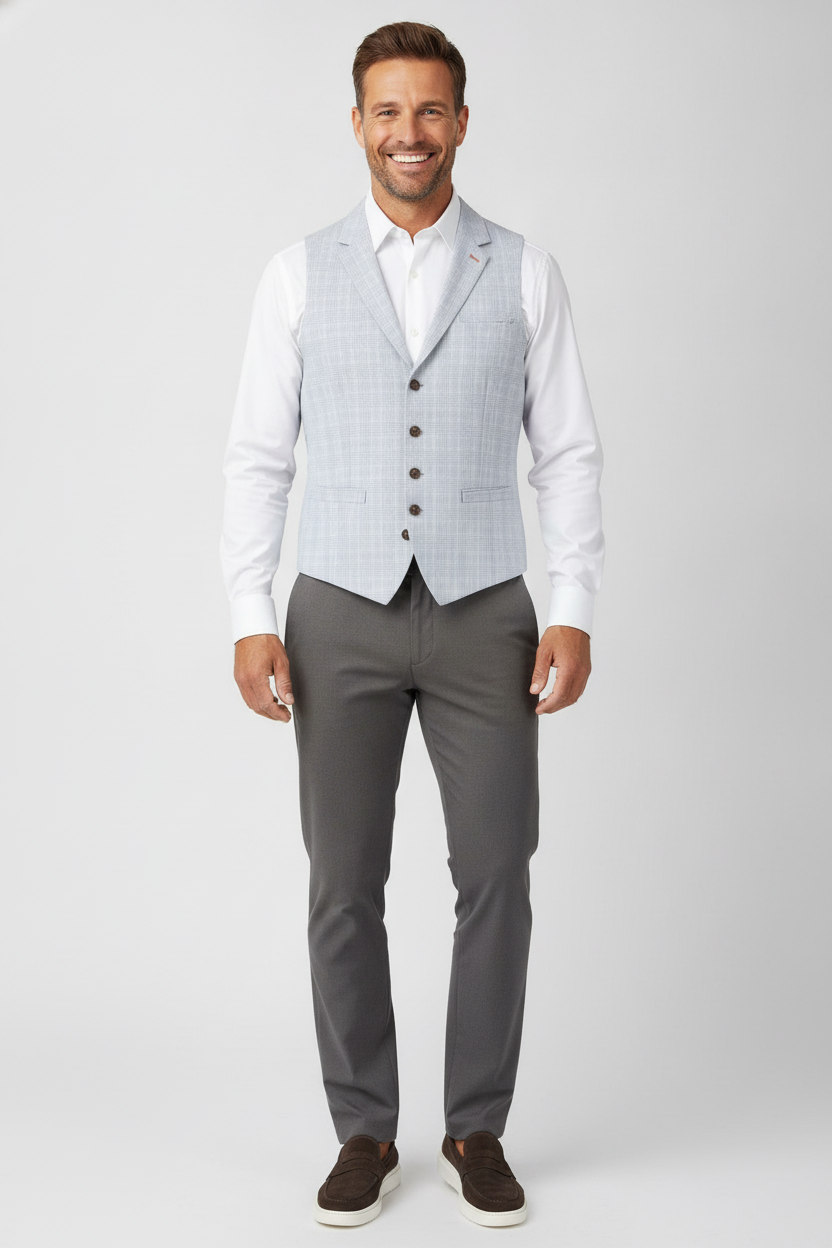 Gilet Geruit Cream Light Blue "Turin" - Mister Steven, model vooraanzicht De Heerenkamer Utrecht