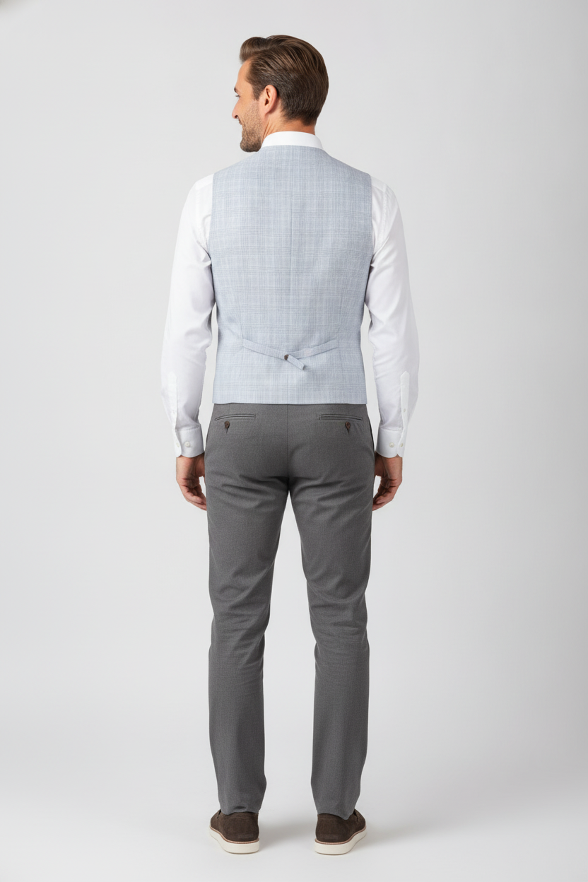 Gilet Geruit Cream Light Blue "Turin" - Mister Steven, model achteraanzicht De Heerenkamer Utrecht