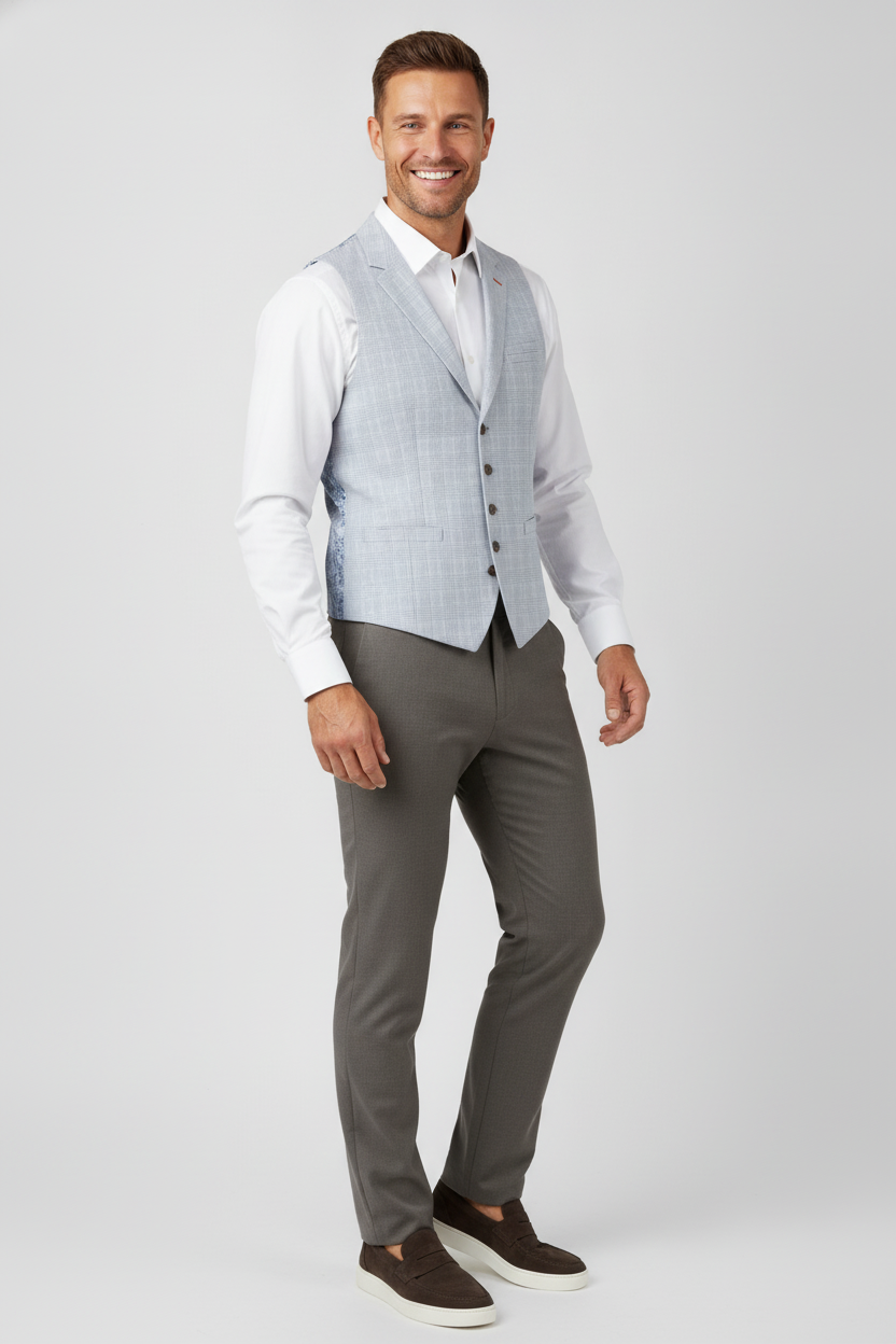 Gilet Geruit Cream Light Blue "Turin" - Mister Steven, model driekwart aanzicht De Heerenkamer Utrecht