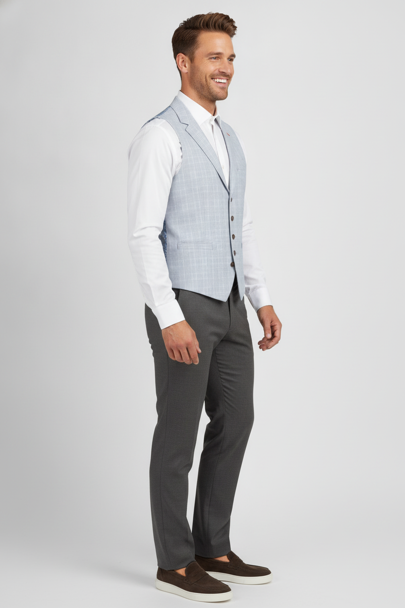 Gilet Geruit Cream Light Blue "Turin" - Mister Steven, model zijaanzicht De Heerenkamer Utrecht