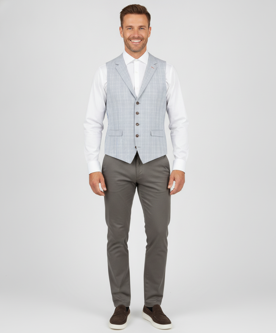 Gilet Geruit Blue Cream "Turin" - Mister Steven, model vooraanzicht De Heerenkamer Utrecht