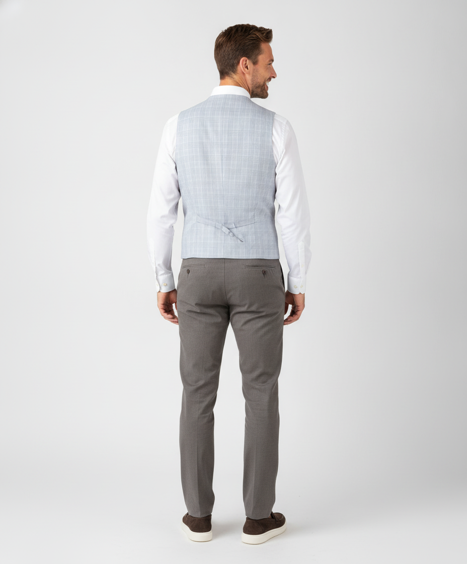 Gilet Geruit Blue Cream "Turin" - Mister Steven, model achteraanzicht De Heerenkamer Utrecht