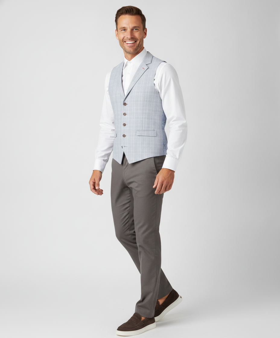 Gilet Geruit Blue Cream "Turin" - Mister Steven, model driekwart aanzicht De Heerenkamer Utrecht