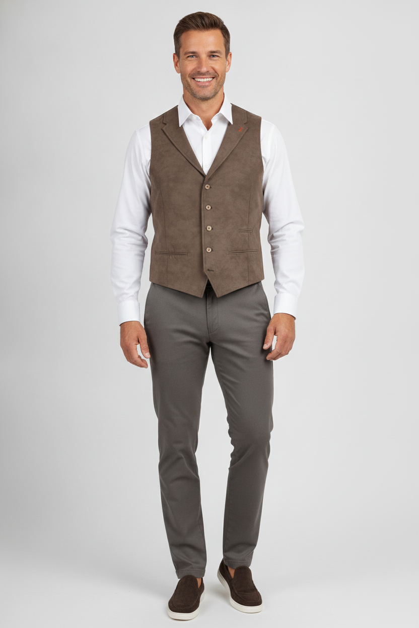 Gilet Suède Brown "Turin" - Mister Steven, model vooraanzicht De Heerenkamer Utrecht