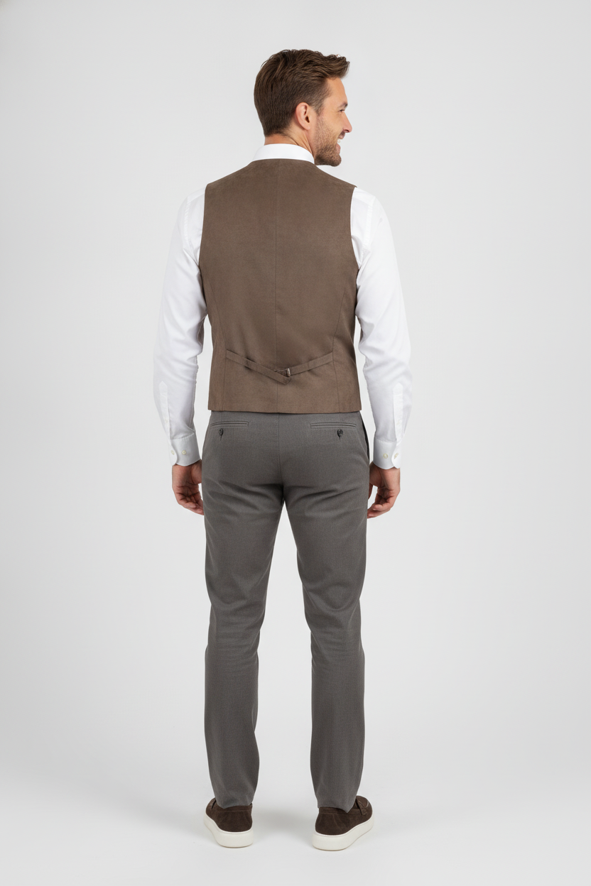 Gilet Suède Brown "Turin" - Mister Steven, model achteraanzicht De Heerenkamer Utrecht