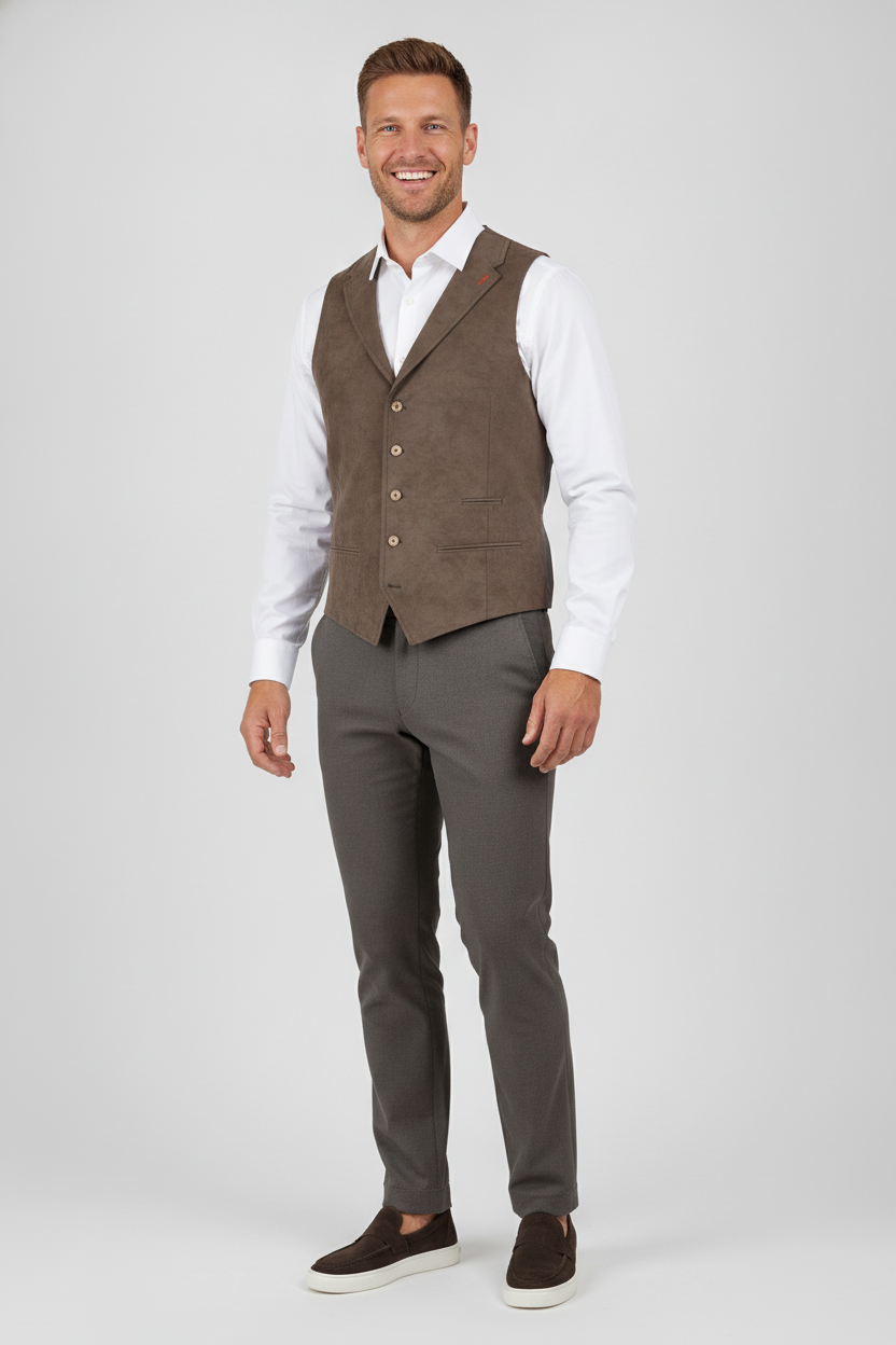 Gilet Suède Brown "Turin" - Mister Steven, model driekwart aanzicht De Heerenkamer Utrecht