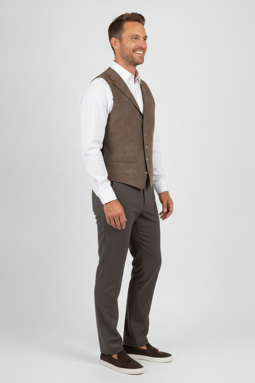 Gilet Suède Brown "Turin" - Mister Steven, model zijaanzicht De Heerenkamer Utrecht