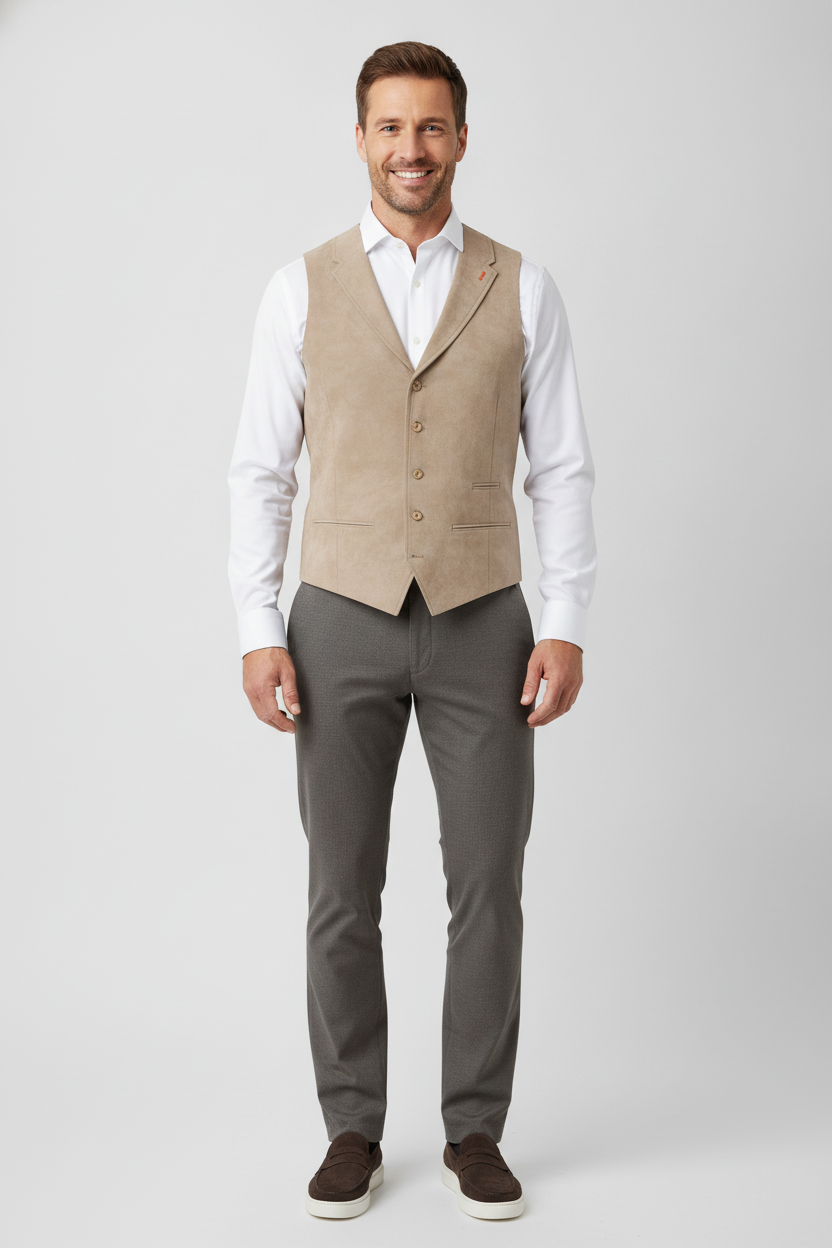 Gilet Suède Sand "Turin" - Mister Steven, model vooraanzicht De Heerenkamer Utrecht