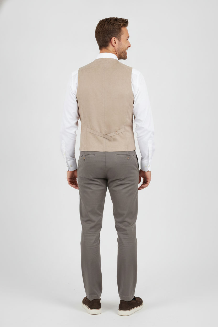 Gilet Suède Sand "Turin" - Mister Steven, model achteraanzicht De Heerenkamer Utrecht