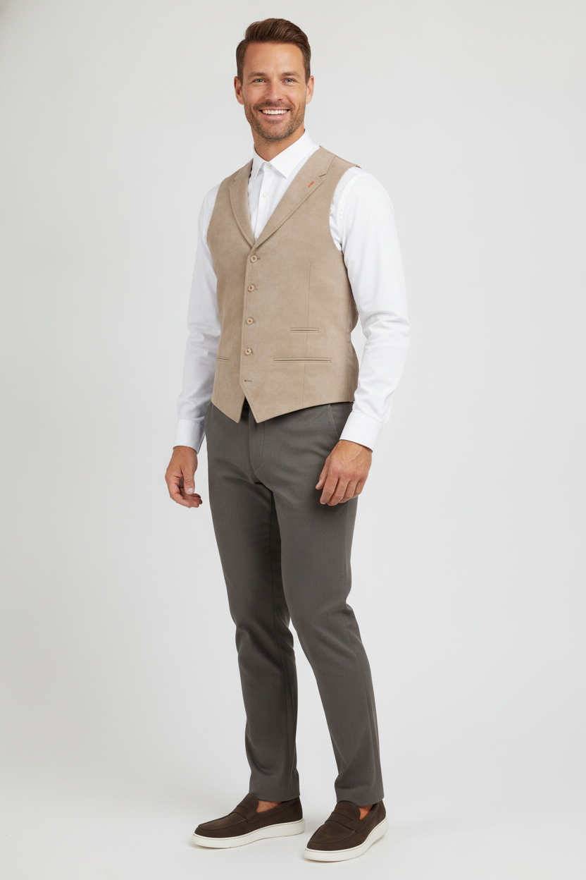 Gilet Suède Sand "Turin" - Mister Steven, model driekwart aanzicht De Heerenkamer Utrecht