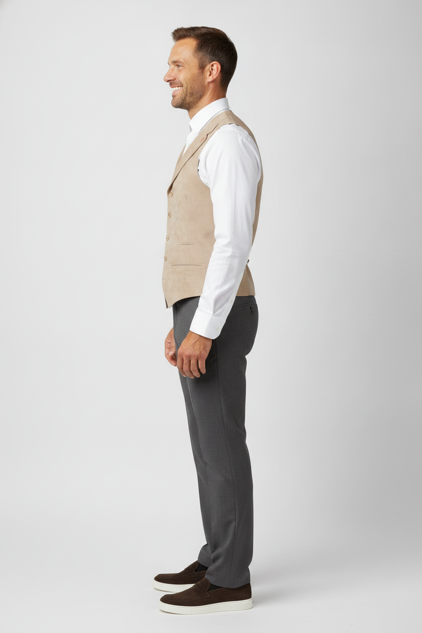 Gilet Suède Sand "Turin" - Mister Steven, model zijaanzicht De Heerenkamer Utrecht