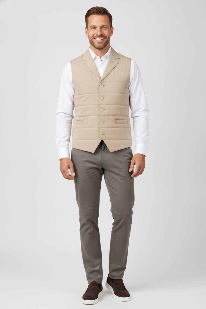 Bodywarmer Sand "Ansel" - Flexx, model vooraanzicht De Heerenkamer Utrecht