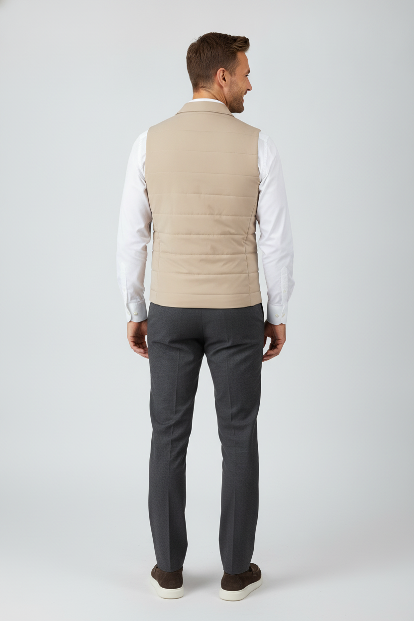 Bodywarmer Sand "Ansel" - Flexx, model achteraanzicht De Heerenkamer Utrecht